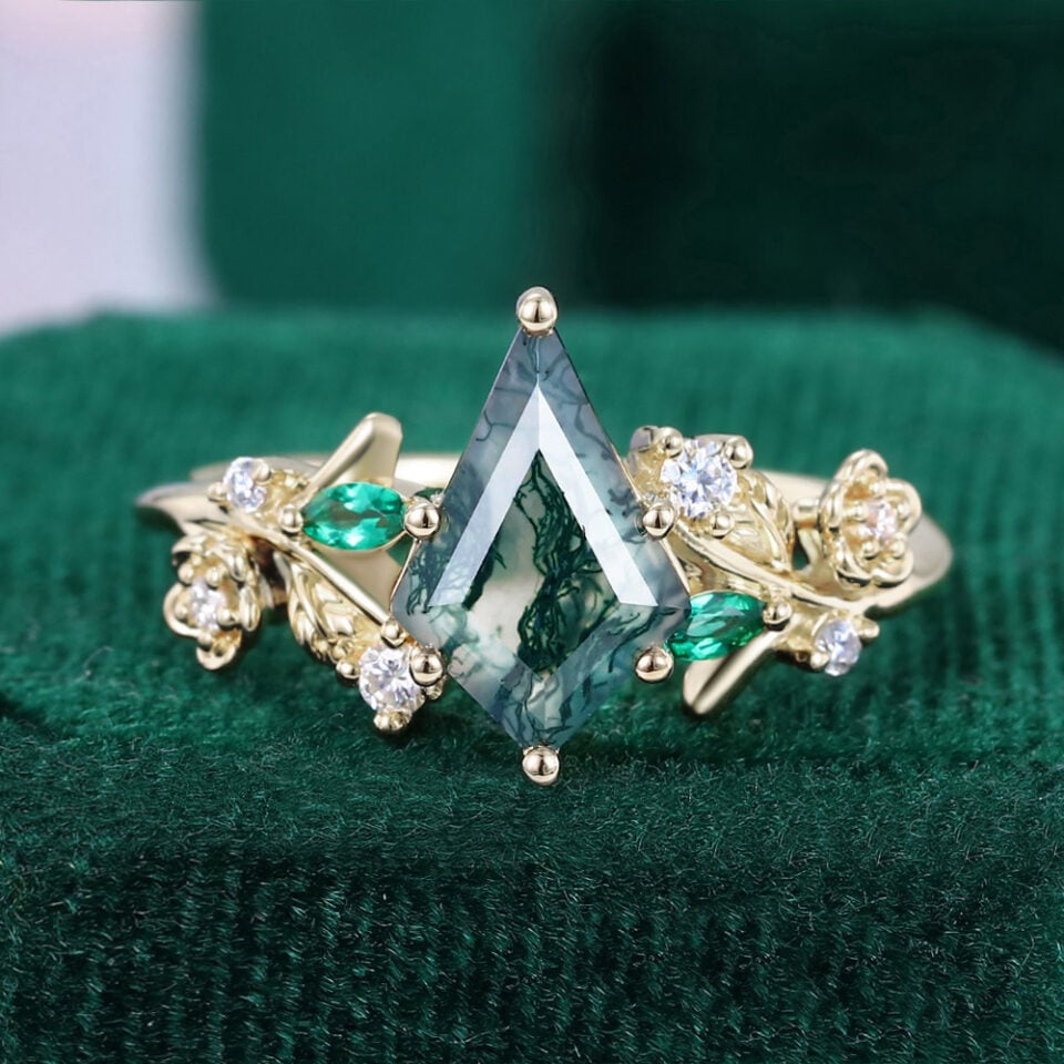 Floral Inspired Kite Cut Moss Agate Engagement Ring With Cherry Blossom Accents