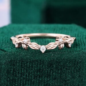 Leaf Accented Diamond Curved Wedding Band For Women