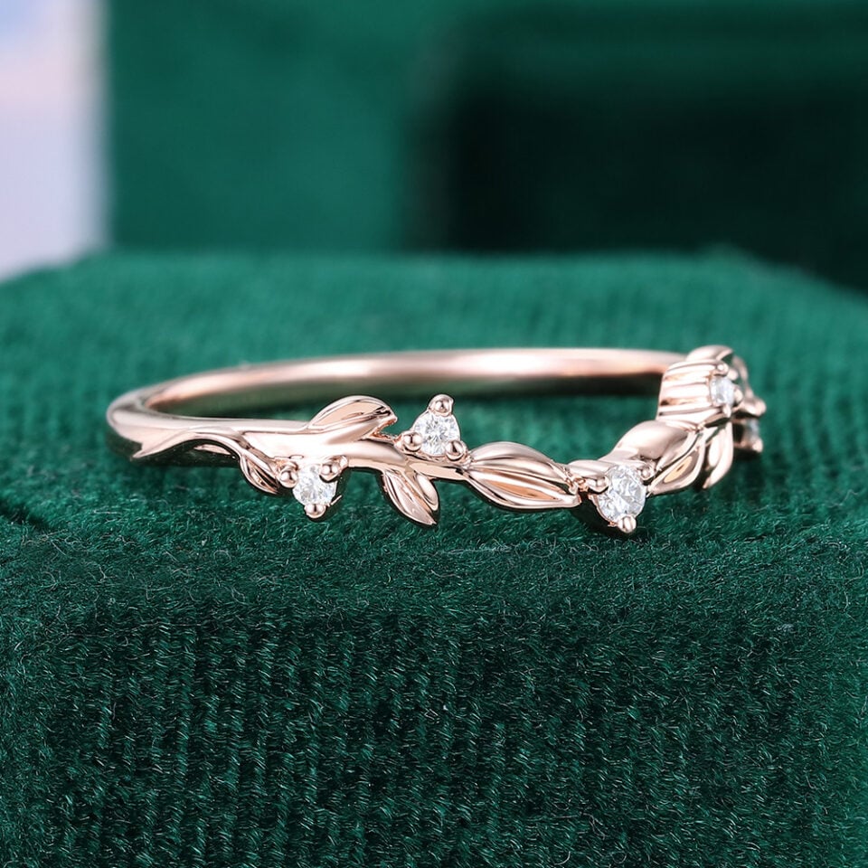 Leaf Accented Diamond Curved Wedding Band For Women (2)