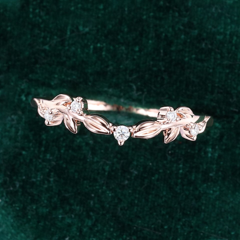 Leaf Accented Diamond Curved Wedding Band For Women (3)