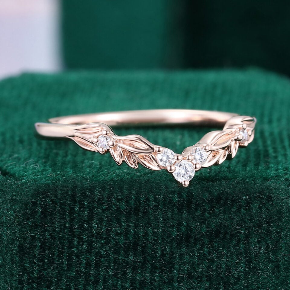 Leaf Accented Lab Diamond Curved Wedding Band Stacking Ring (1)
