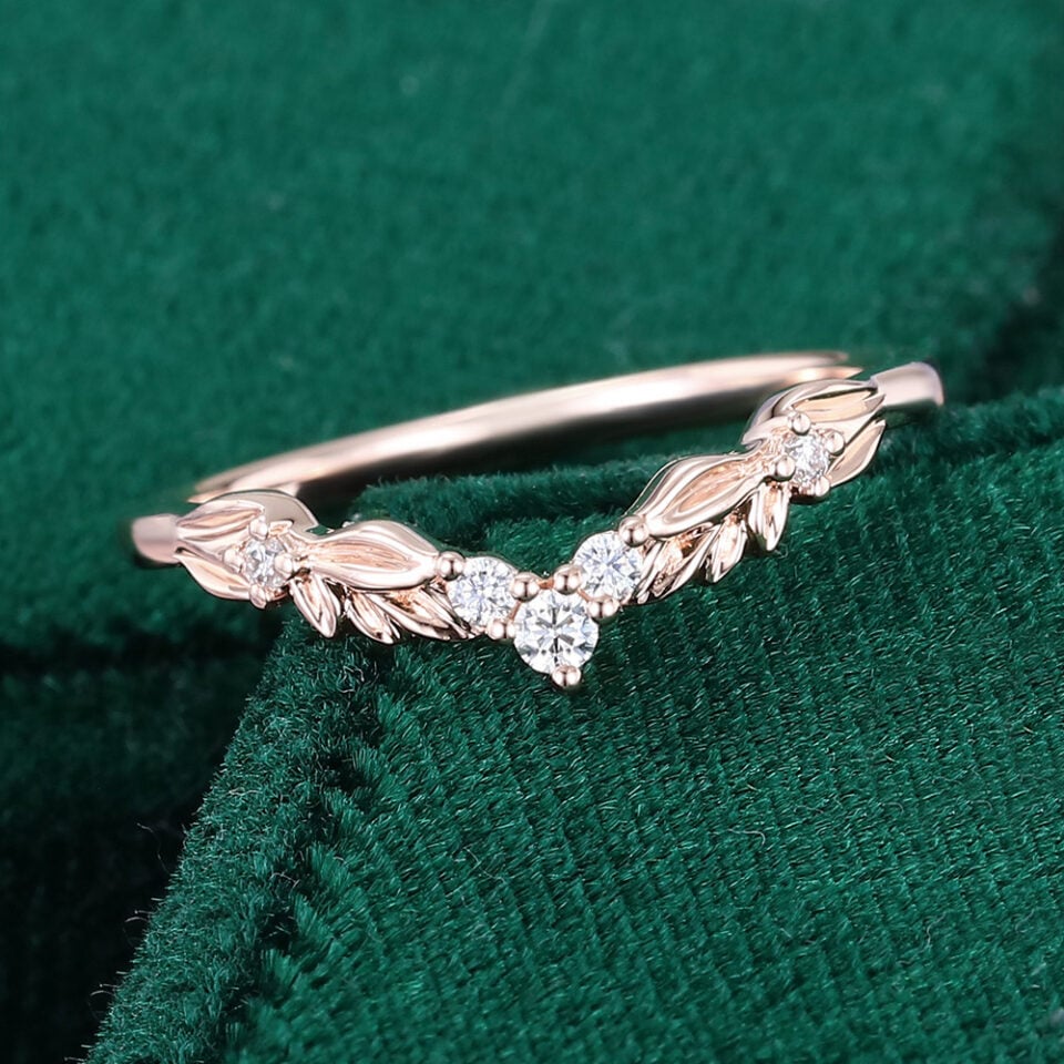 Leaf Accented Lab Diamond Curved Wedding Band Stacking Ring (2)