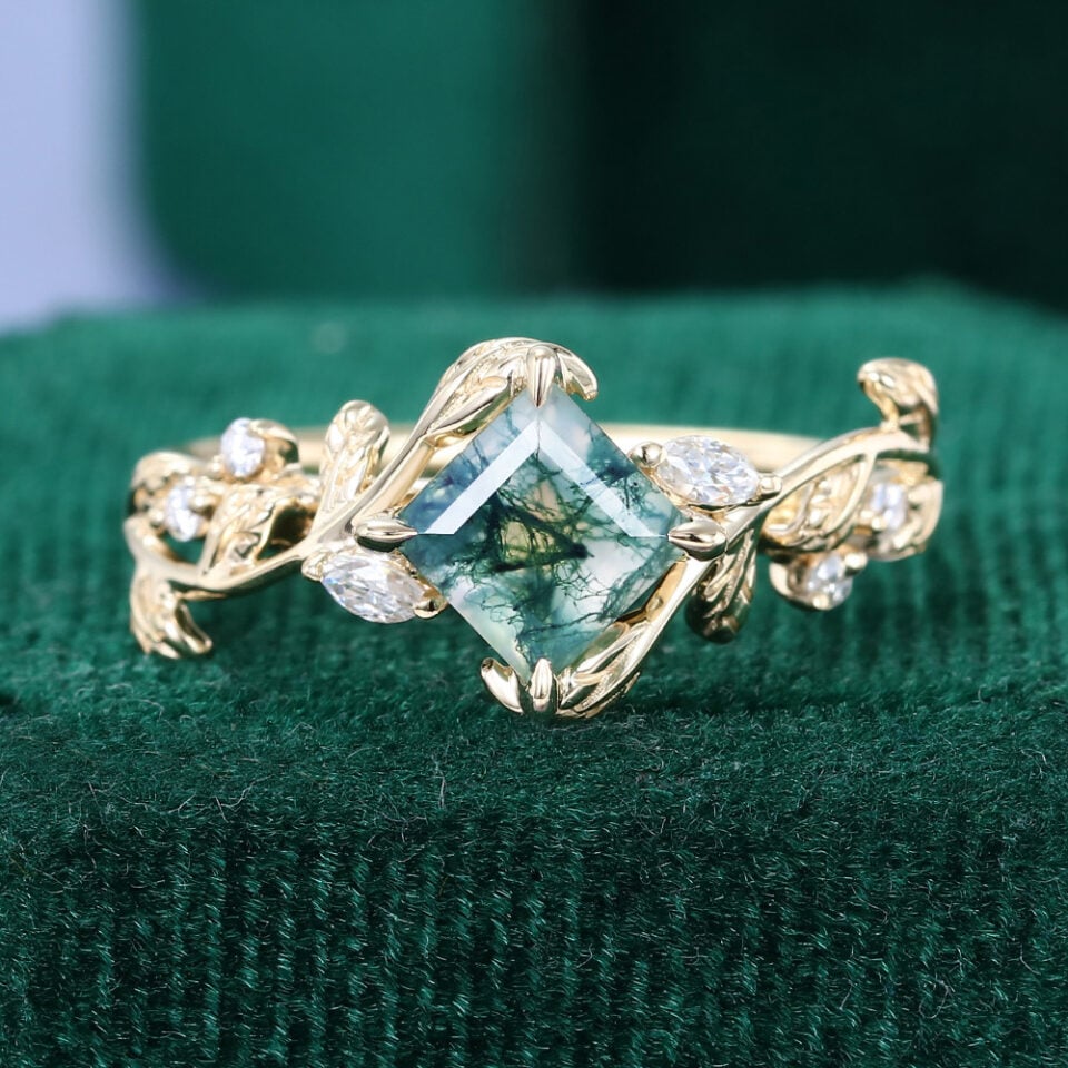 LeafLace | Princess Cut Moss Agate Promise Ring With Moissanite Accents