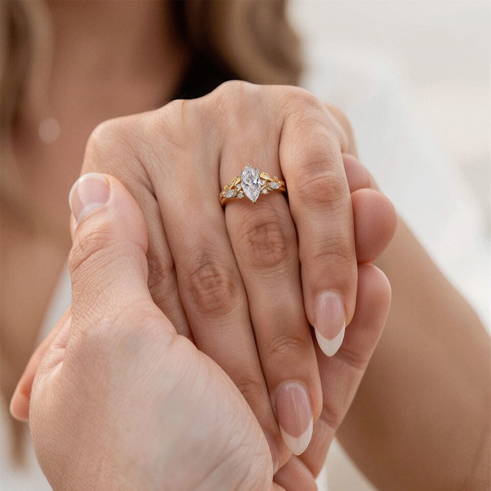 Marquise Cut Lab Diamond Bridal Ring Set With Carved Leaf Band (1)