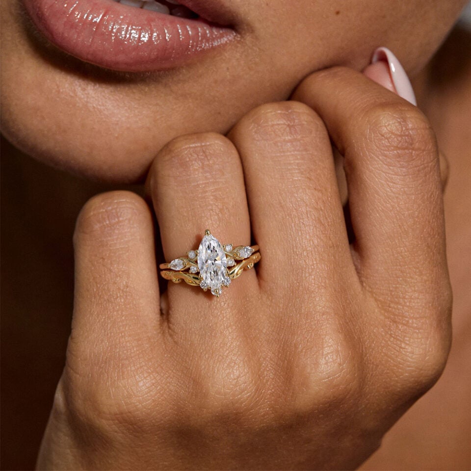 Marquise Cut Lab Diamond Bridal Ring Set With Carved Leaf Band (3)