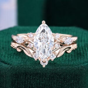 Marquise cut lab diamond bridal ring set with carved leaf band