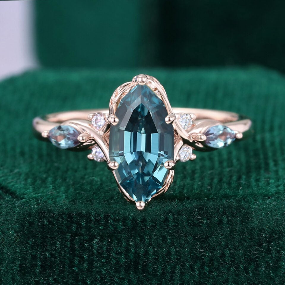 Step Marquise Cut Lab Teal Sapphire & Alexandrite Engagement Ring with Leaf Accents