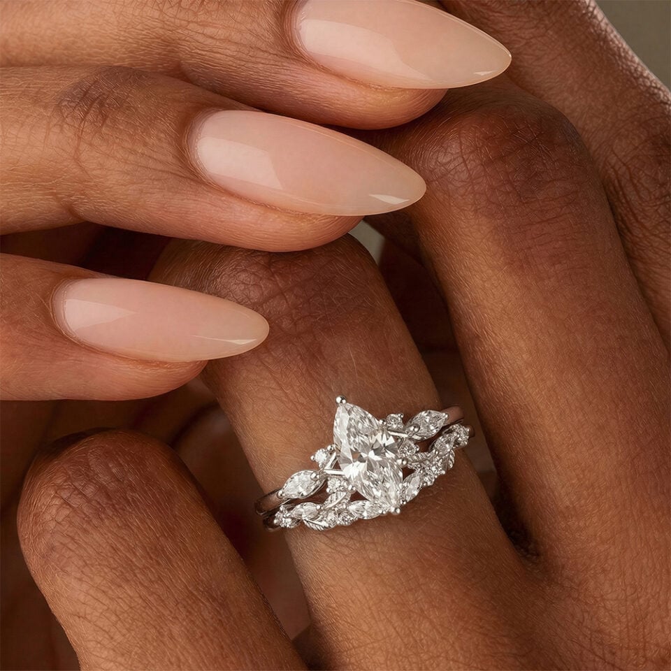 Marquise Lab Diamond Engagement Ring Set Nature Inspired Bridal Ring Set (3)