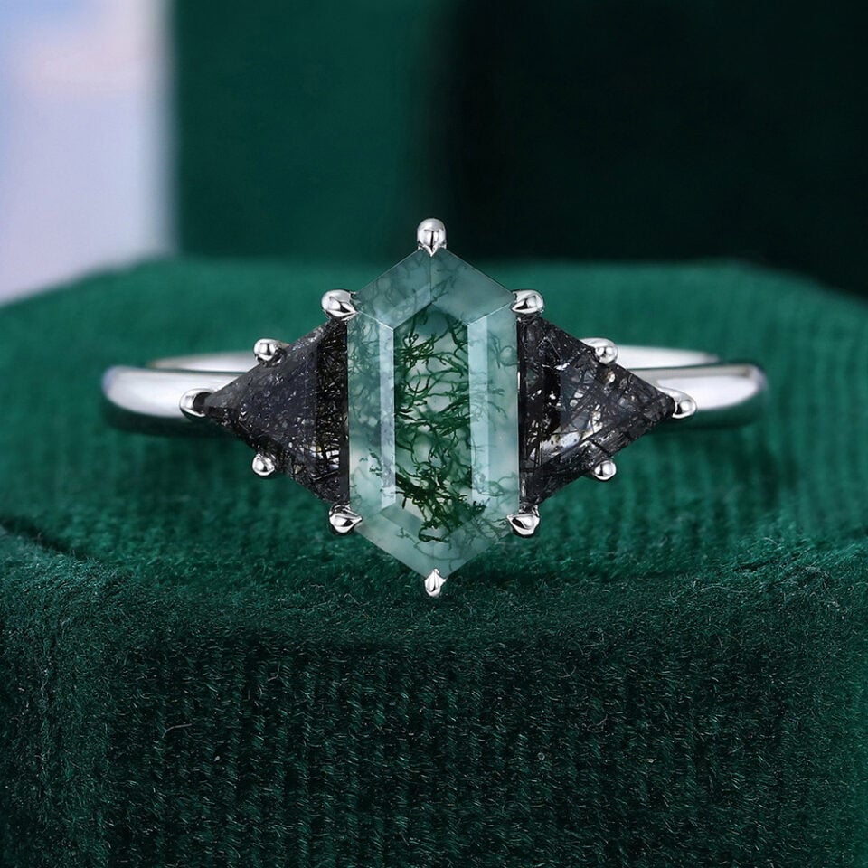 Moss Agate & Black Rutilated Quartz Three Stone Promise Ring