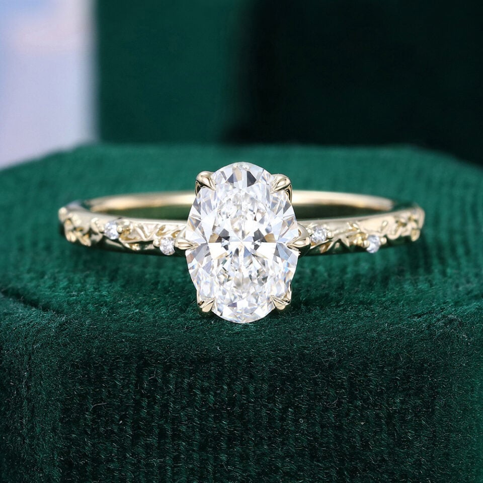 Oval Cut Lab Diamond Engagement Ring With Leaf Engraved Band