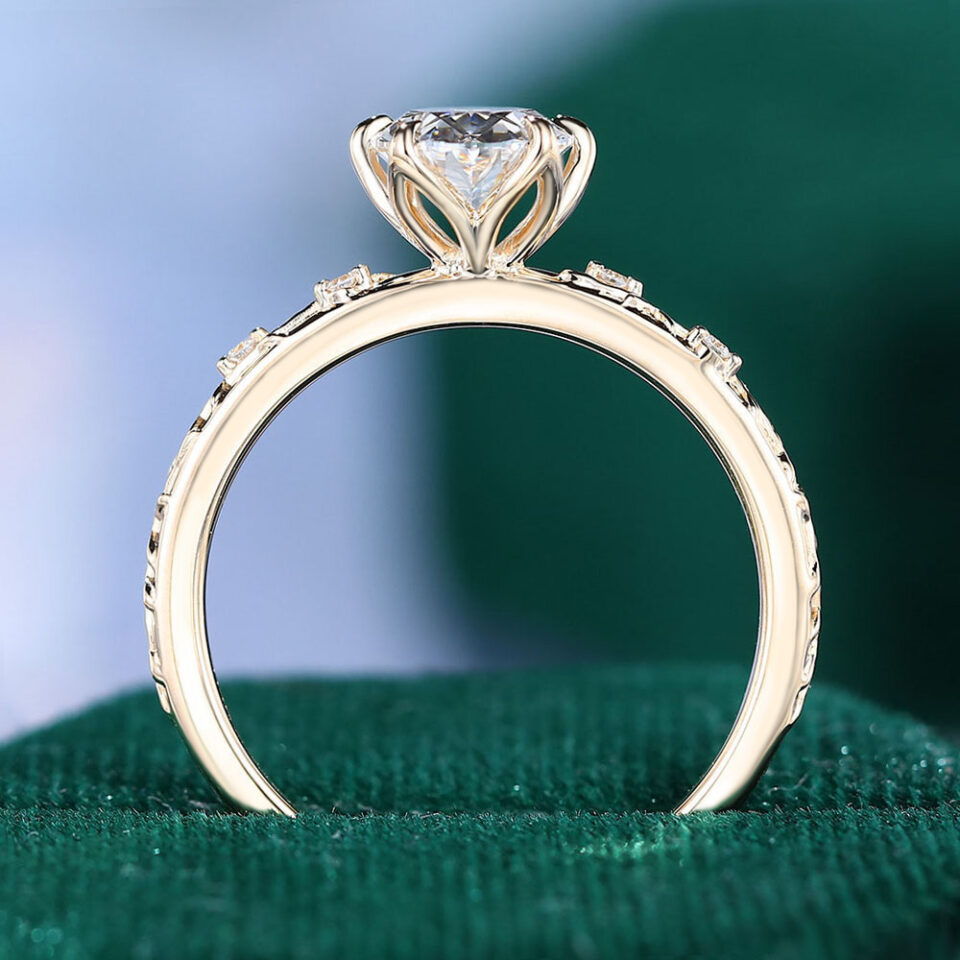 Oval Cut Lab Diamond Engagement Ring With Leaf Engraved Band (4)