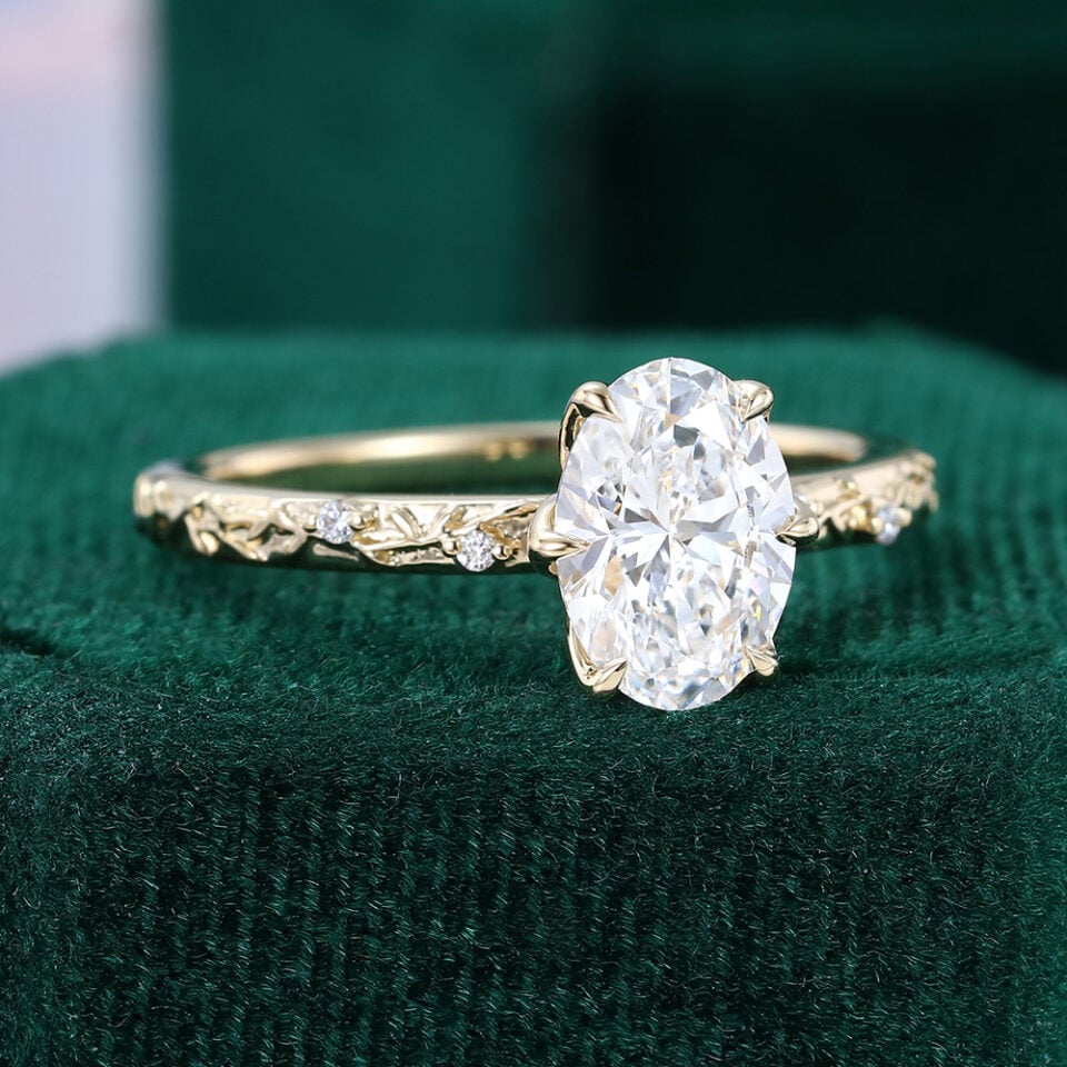 Oval Cut Lab Diamond Engagement Ring With Leaf Engraved Band (7)