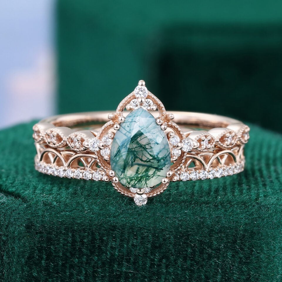Pear Cut Moss Agate Engagement Ring Set Filigree Floral Halo Bridal Ring Set