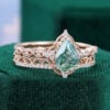 Pear Cut Moss Agate Engagement Ring Set Filigree Floral Halo Bridal Ring Set (2)