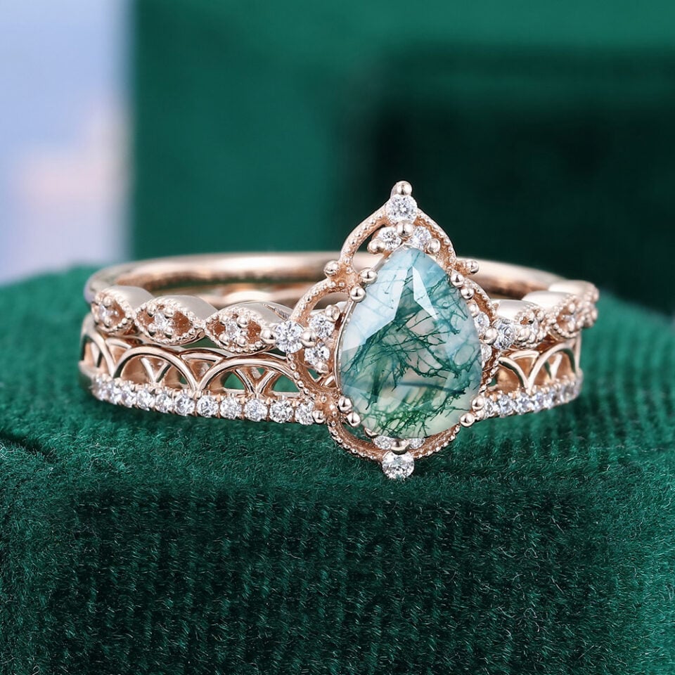Pear Cut Moss Agate Engagement Ring Set Filigree Floral Halo Bridal Ring Set (2)