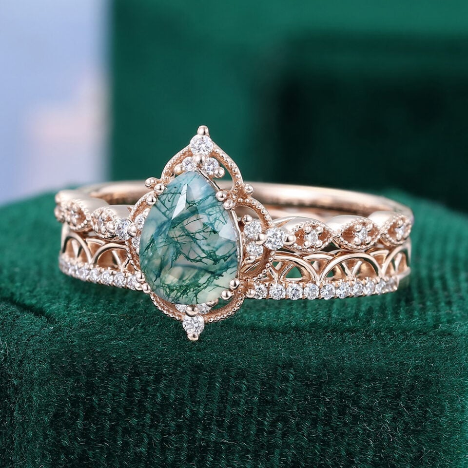 Pear Cut Moss Agate Engagement Ring Set Filigree Floral Halo Bridal Ring Set (3)