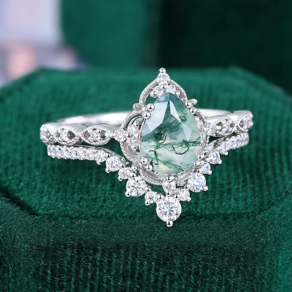 Pear Cut Moss Agate Milgrain Bridal Ring Set Vintage Inspired Engagement Ring Set (4)