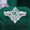 Pear cut moss agate milgrain bridal ring set vintage inspired engagement ring set