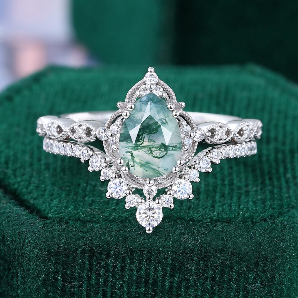 Pear Cut Moss Agate Milgrain Bridal Ring Set Vintage Inspired Engagement Ring Set