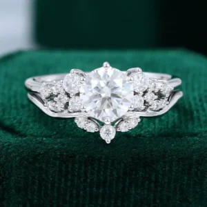 Round Moissanite Engagement Ring Set Cluster Bridal Ring Set – Symmetrical & Bold Accents