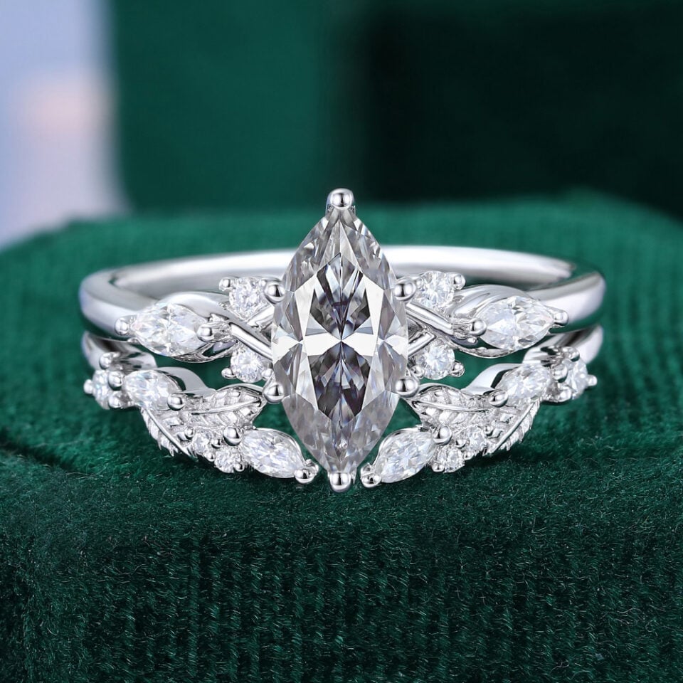 1CT Marquise Cut Gray Moissanite Engagement Ring Set With Nature Inspired Leaf Band