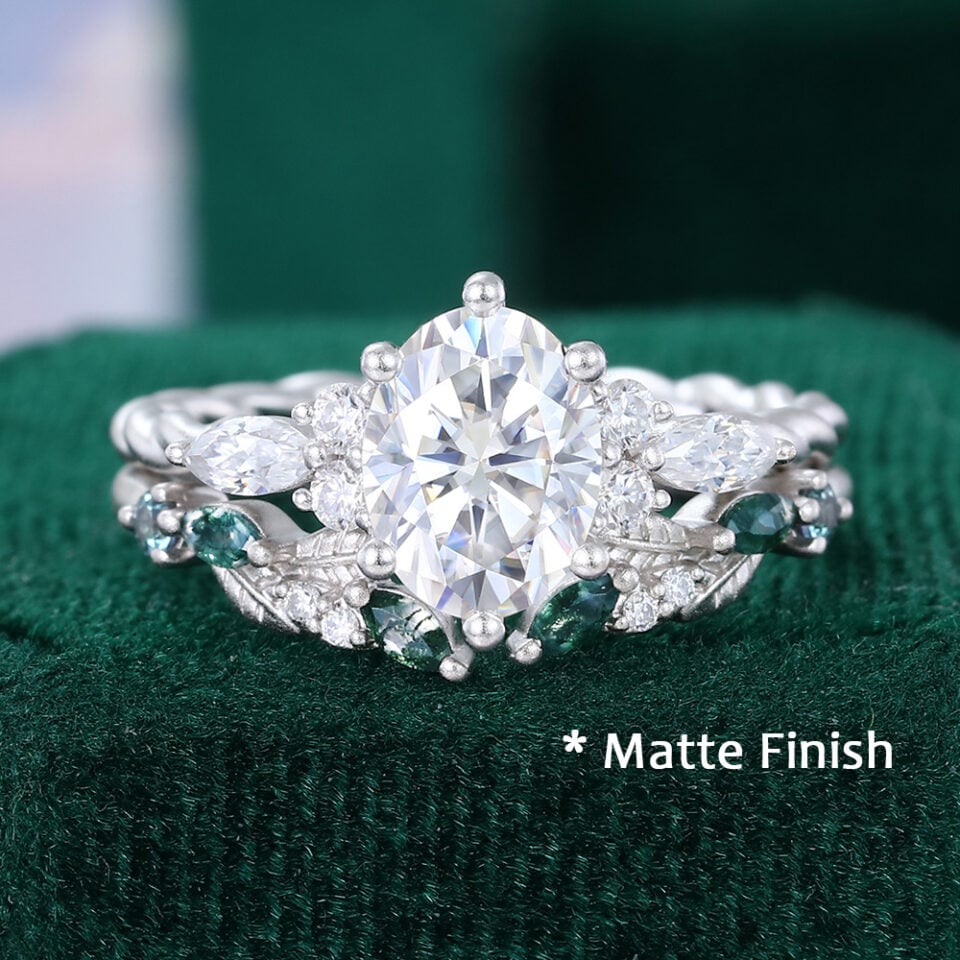 2CT Oval Cut Moissanite Engagement Ring Set With Nature Inspired Leaf Band