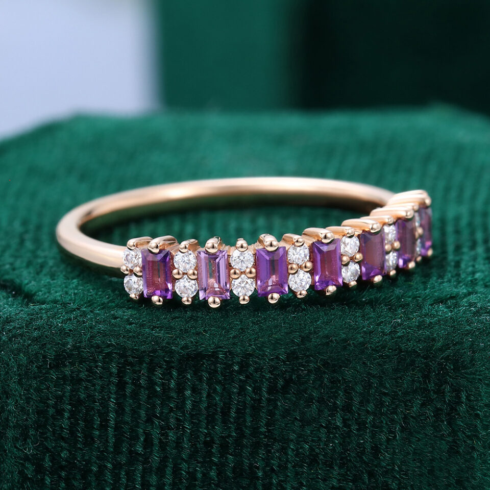 Alternating Baguette Amethyst & Round Moissanite Half Eternity Wedding Band (1)