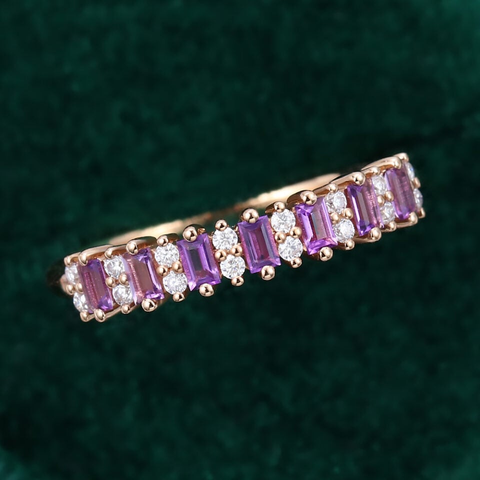Alternating Baguette Amethyst & Round Moissanite Half Eternity Wedding Band (2)