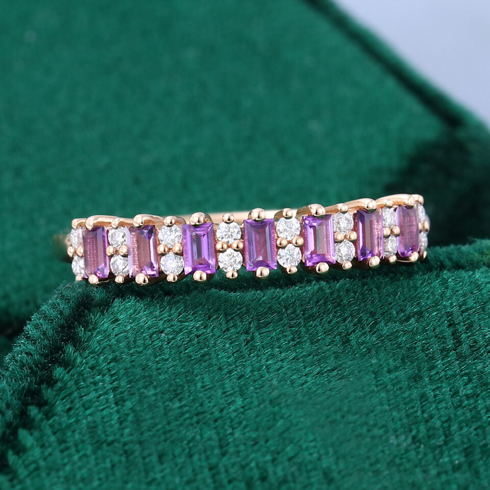 Alternating Baguette Amethyst & Round Moissanite Half Eternity Wedding Band (3)
