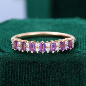 Alternating Amethyst & Moissanite Half Eternity Wedding Band Unique Baguette Stacking Ring