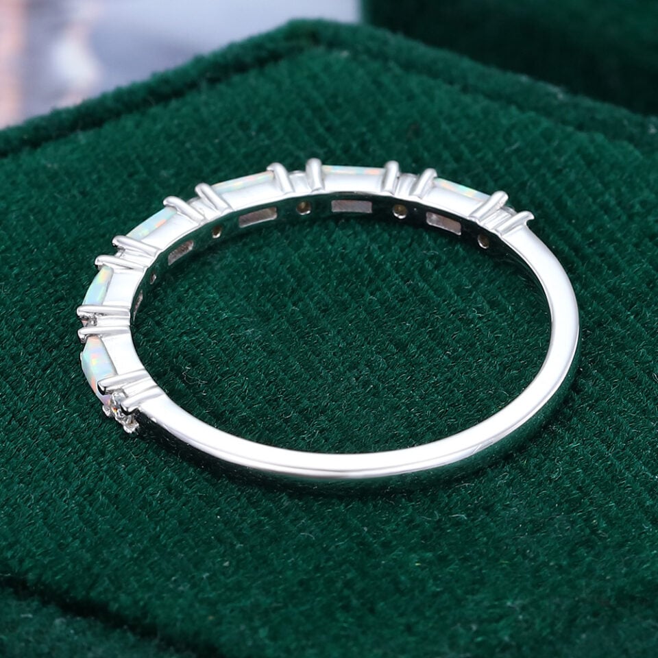 Alternating Baguette Opal & Round Moissanite Wedding Band Half Eternity Stacking Ring (1)