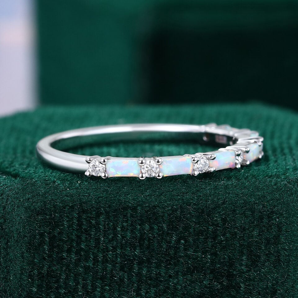 Alternating Baguette Opal & Round Moissanite Wedding Band Half Eternity Stacking Ring (4)