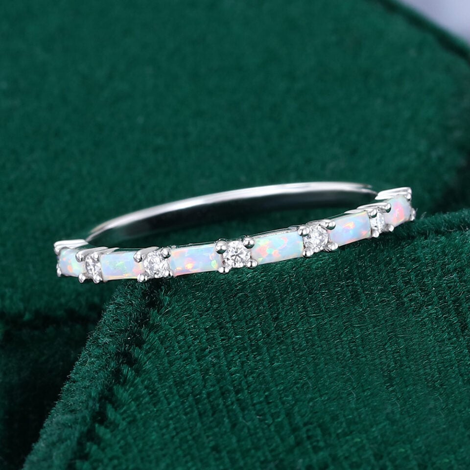 Alternating Baguette Opal & Round Moissanite Wedding Band Half Eternity Stacking Ring (5)