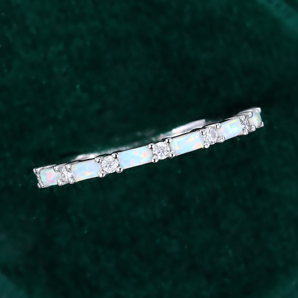 Alternating Baguette Opal & Round Moissanite Wedding Band Half Eternity Stacking Ring (6)