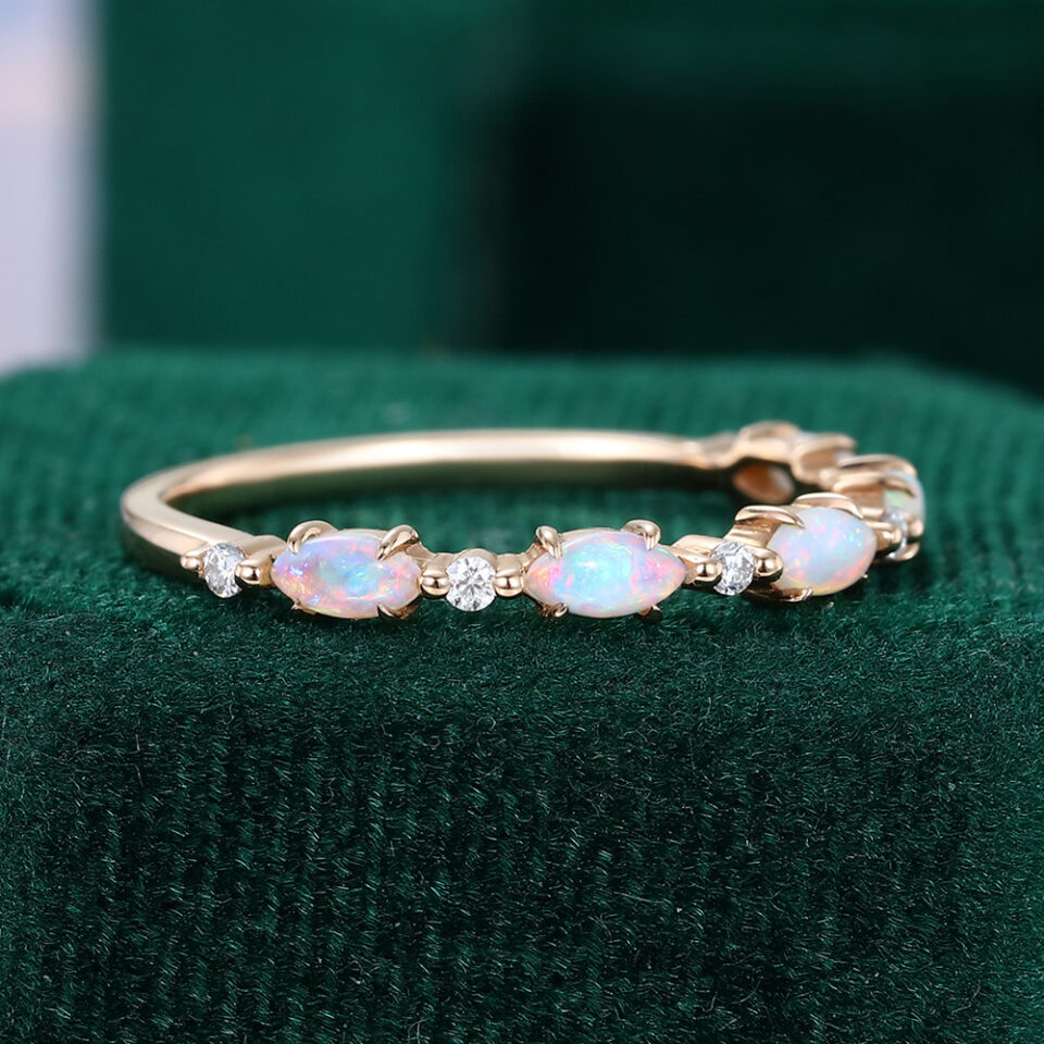 Alternating Marquise Natural Opal & Round Diamond Wedding Band Half Eternity Stacking Ring (4)