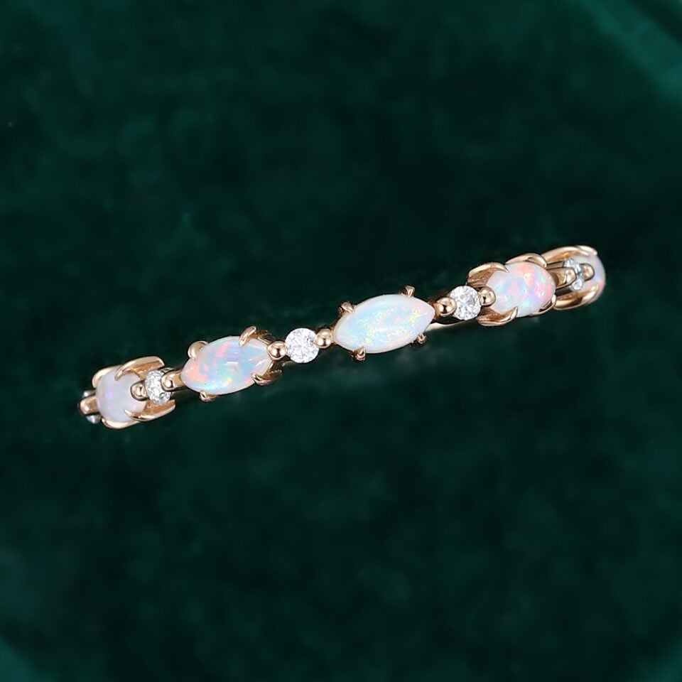Alternating Marquise Natural Opal & Round Diamond Wedding Band Half Eternity Stacking Ring (5)