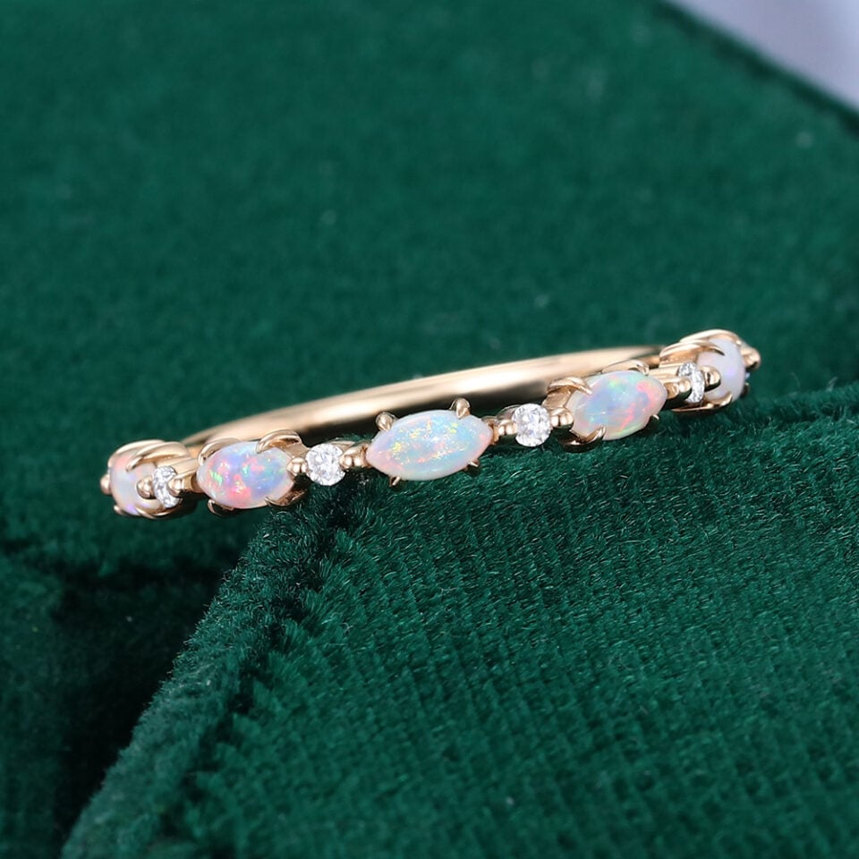 Alternating Marquise Natural Opal & Round Diamond Wedding Band Half Eternity Stacking Ring (9)
