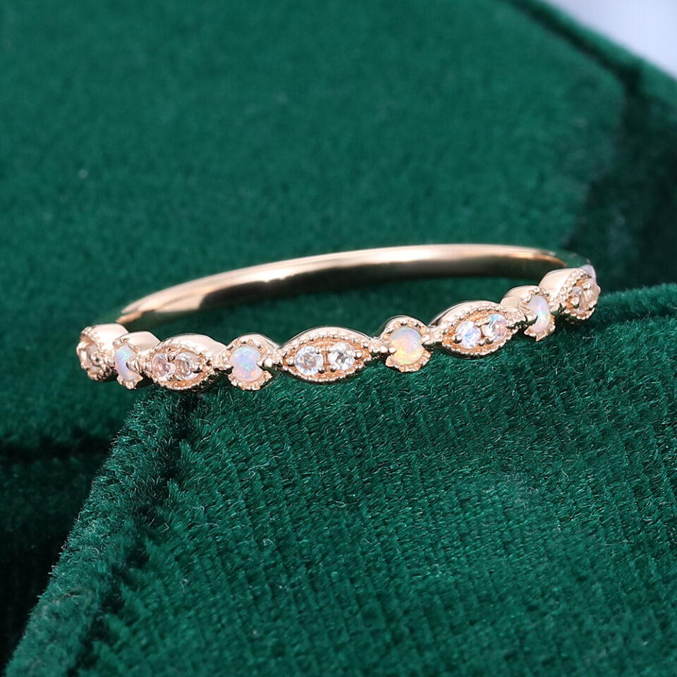 Alternating Moonstone & Natural Opal Wedding Band Half Eternity Stacking Ring(1)