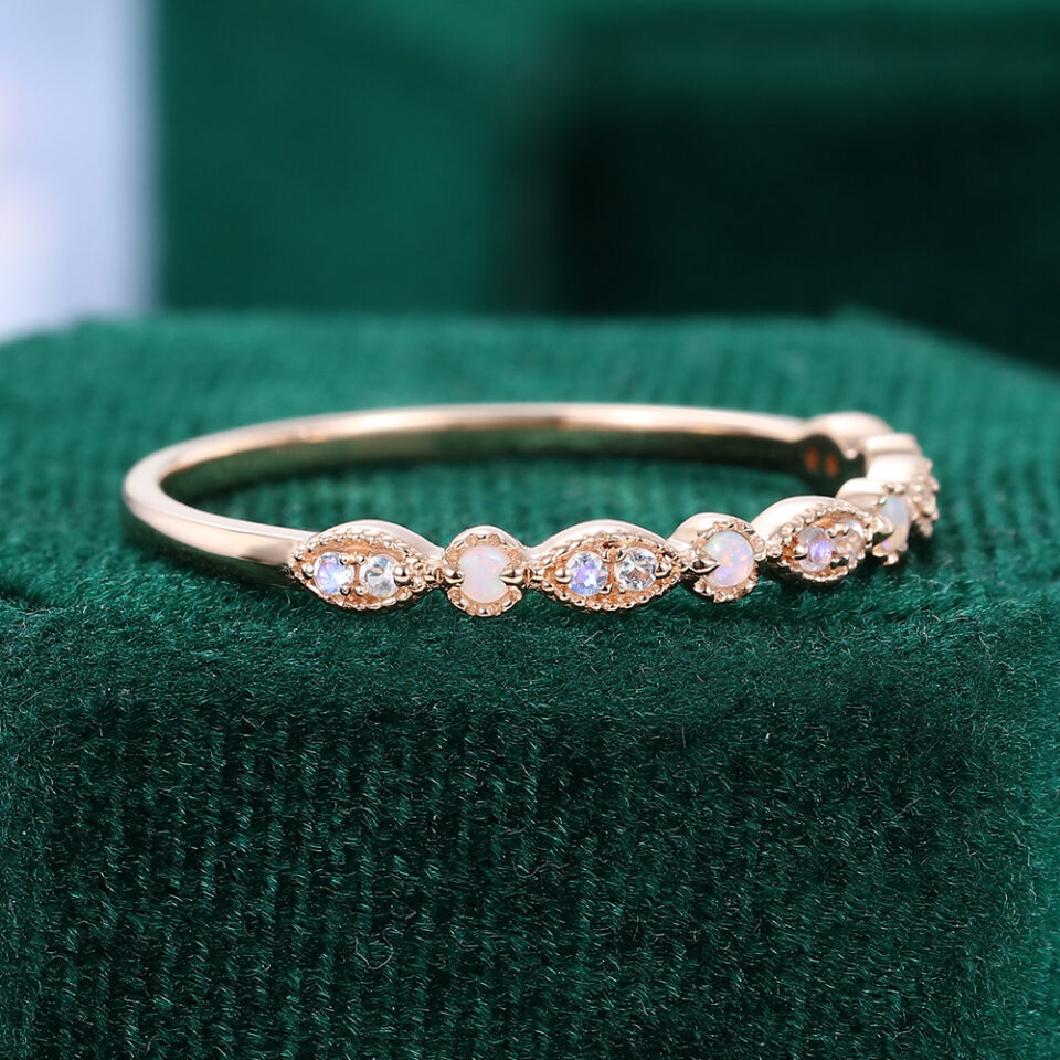 Alternating Moonstone & Natural Opal Wedding Band Half Eternity Stacking Ring(2)