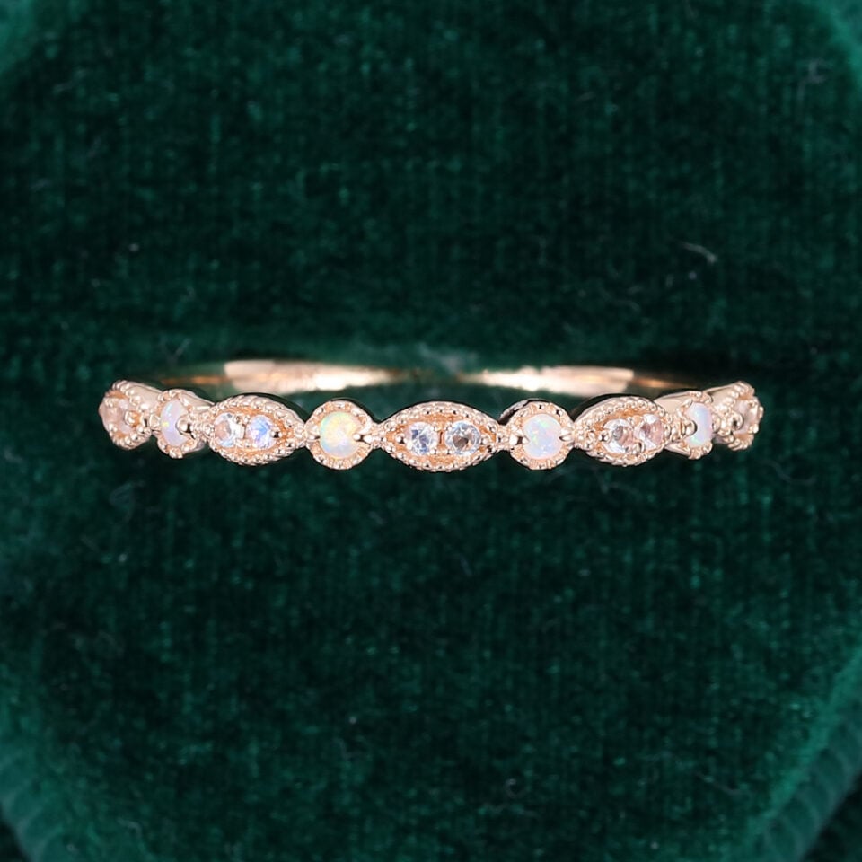 Alternating Moonstone & Natural Opal Wedding Band Half Eternity Stacking Ring(6)
