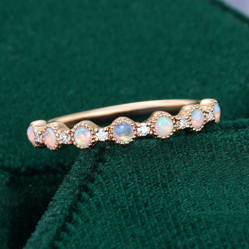 Alternating Natural Opal & Diamond Wedding Band Half Eternity Matching Ring (2)
