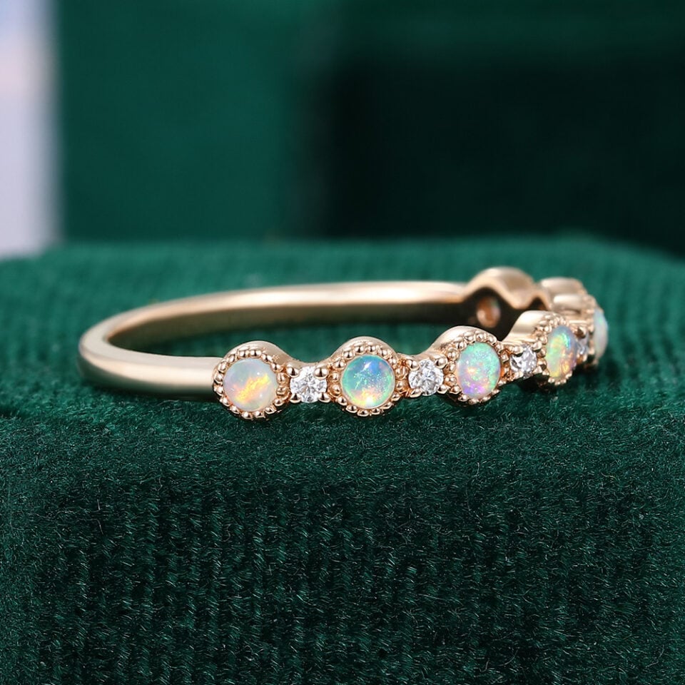 Alternating Natural Opal & Diamond Wedding Band Half Eternity Matching Ring (4)