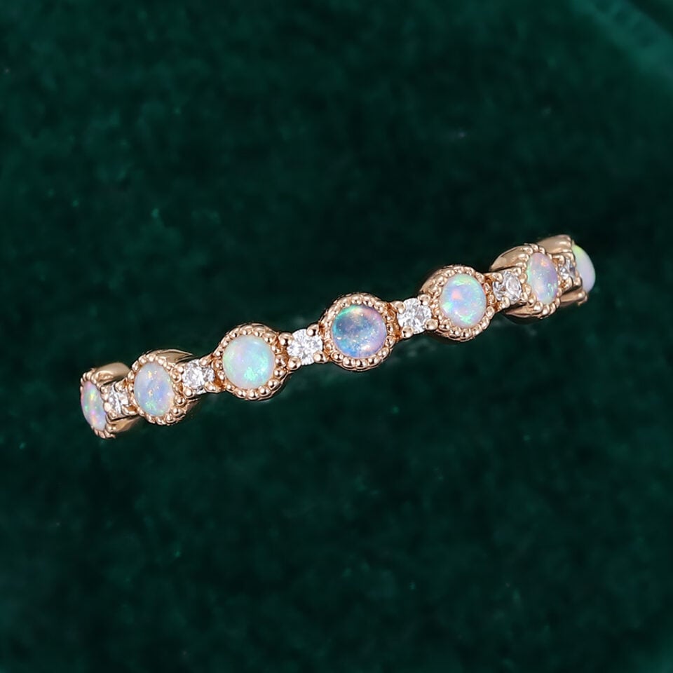 Alternating Natural Opal & Diamond Wedding Band Half Eternity Matching Ring (5)