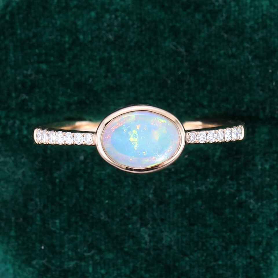 East-West Oval Cut Natural Opal Engagement Ring With Half Eternity Pavé Band (1)