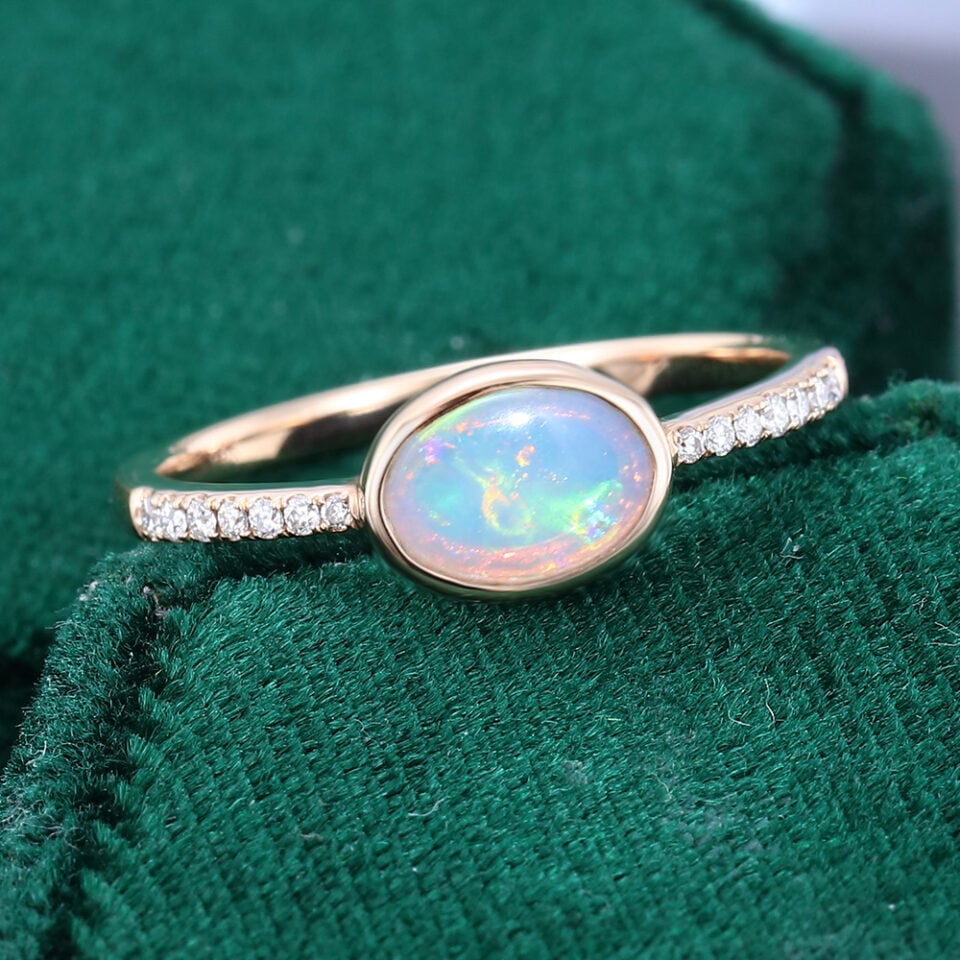East-West Oval Cut Natural Opal Engagement Ring With Half Eternity Pavé Band (4)