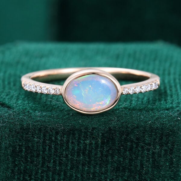 Horizontal Oval Bezel Natural Opal East-West Pavé Engagement Ring