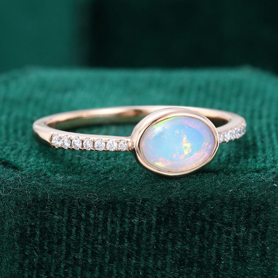 East-West Oval Cut Natural Opal Engagement Ring With Half Eternity Pavé Band (6)