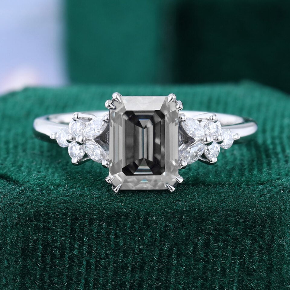 Blossom Cluster | Emerald Cut Gray Moissanite Engagement Ring – Dainty Petals