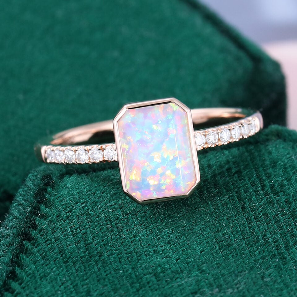 Emerald Cut Lab Opal Pavé Engagement Ring Bezel Setting Promise Ring (1)