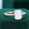 Emerald Cut Lab Opal Pavé Engagement Ring Bezel Setting Promise Ring (2)